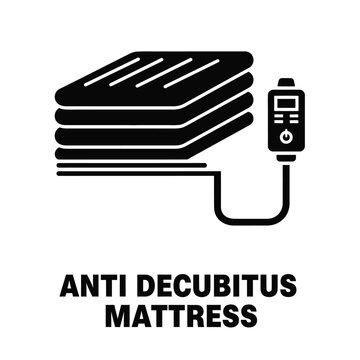 A black and white graphic depicts a stack of mattresses connected to a control device via a cable labeled anti decubitus mattress high quality