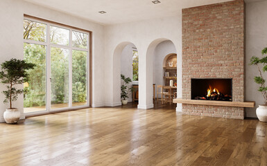 Contemporary living room with natural materials, arched walls, large windows and a minimalist fireplace, 3d render