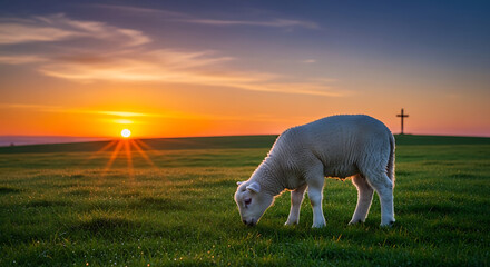 Fototapeta premium Pastoral scene with white lamb and religious cross on a hill