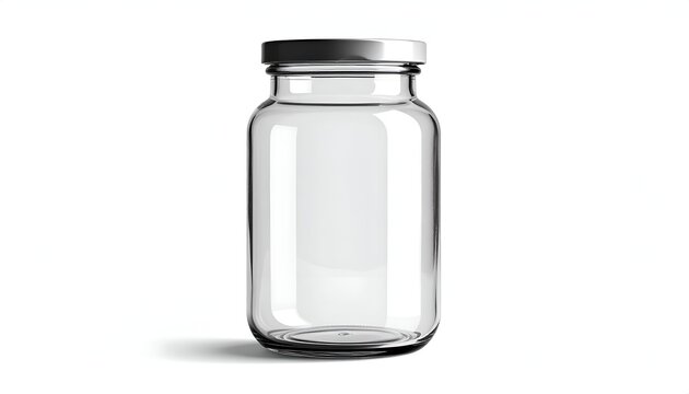 A clear, cylindrical glass vial with a silver cap sits on a white background, casting a subtle shadow. The vial is empty
