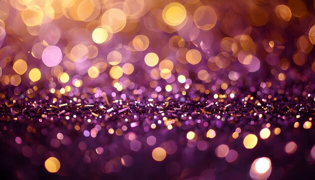 A vibrant and colorful abstract background with purple and gold bokeh lights and glitter
