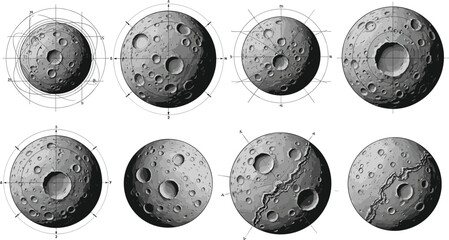 Detailed Moon Surface Phases and Crater Texture Collection with Astronomical Diagrams Scientific Lunar Illustration Set fMoon Surface Phases and Crater Texture Collection with Astronomical  © MstSuraiya