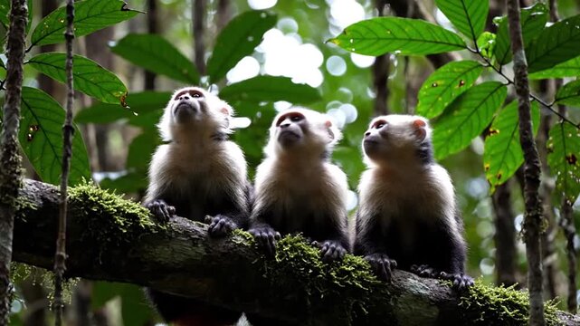 Three monkeys in forest.