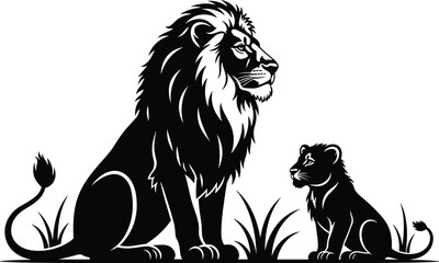 Black and white vector illustration of a majestic male lion standing with two cubs, wildlife family silhouette, isolated on white. © Rahim 