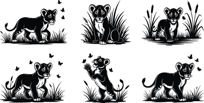 Black and white vector illustration of a howling wolf with moon and forest trees, wild animal silhouette, isolated on white.