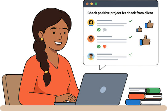 A woman checks positive project feedback on her laptop at a desk.