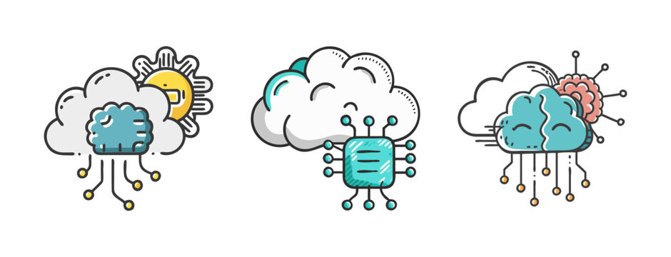 Hand-drawn icons of AI brains within clouds, symbolizing cloud computing and AI data processing.