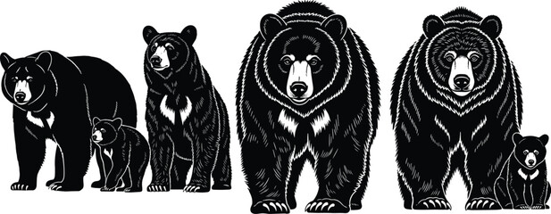 Black and white vector illustration of a majestic male lion standing with two cubs, wildlife family silhouette, isolated on white. © Rahim 