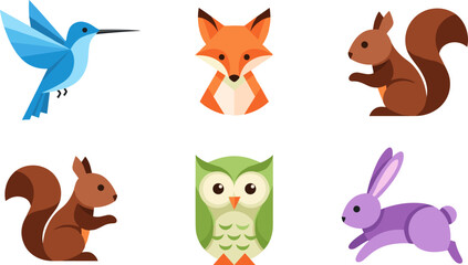 Obraz premium Cute Forest Animal Illustrations Set Featuring Fox, Rabbit, Owl, Squirrel, and Hummingbird for Kids' Design and Nature Projects