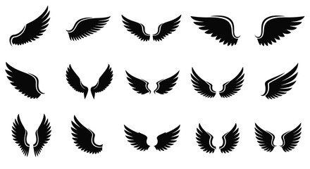 Fototapeta premium Collection of various black wing designs presented against a white background silhouette