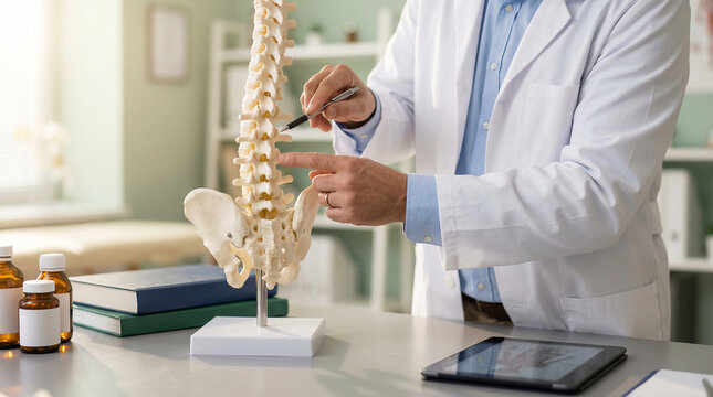 Doctor explains human spine model anatomy. Perfect for medical consultation, chiropractic, or educational content