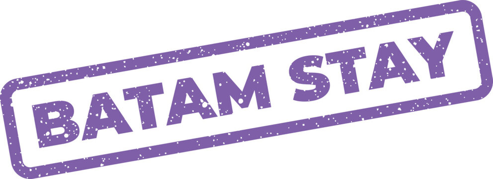 Textured purple rectangular stamp with speckles featuring the words Batam Stay diagonally angled for travel concepts