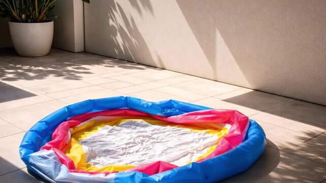 Colorful inflatable kiddie pool placed on patio outdoors in sunlight. Summer fun, family leisure, backyard activity, warm weather.