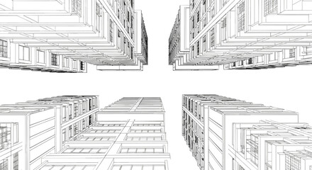 Wireframe perspective view of multiple apartment buildings against a white background architecture residential © MstRajina