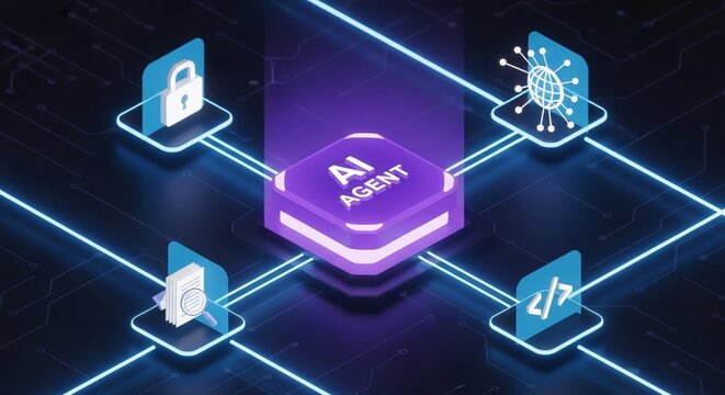 AI workflow automation artificial intelligence agent software interface, 3D isometric illustration of a glowing purple central hub labeled AI Agent connected by neon blue lines to four digital icons r