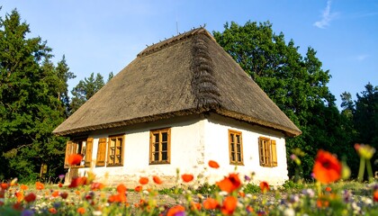 Charming cottage with a thatched roof, surrounded by vibrant wildflowers. Sunlight bathes the building, creating a picturesque scene among trees