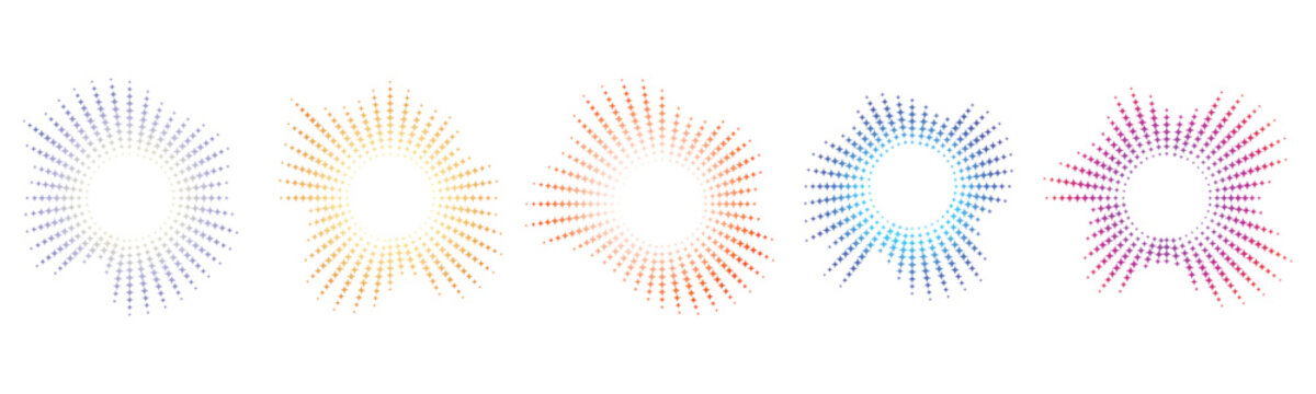 Multicolored particle burst graphics in purple, blue, yellow, red, and pink hues