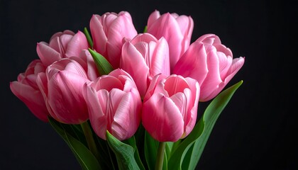 Fototapeta premium A close-up shot of a bouquet of blooming pink tulips. Their petals are delicate and fully opened. The flowers sit against a black background