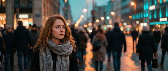Obraz premium Urban evening stroll a woman navigating through a busy city street lifestyle photography twilight ambiance pensive mood