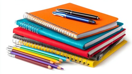 Fototapeta premium Colorful school notebooks, pens and pencils arranged on white isolated background, organized education supplies set for students, back to school stationery collection, learning and study concept with 