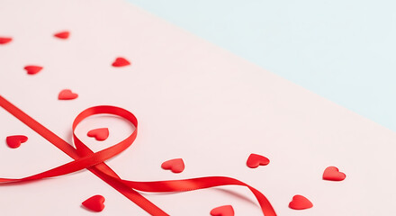 Red ribbon with scattered heart shapes on a light background