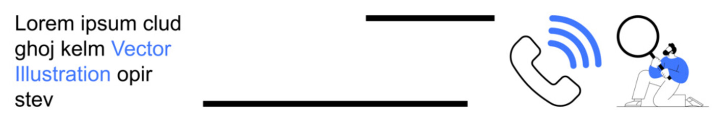 Obraz premium Communication, research, technology, investigation, customer service, problem-solving. A person holding a magnifying glass near a phone icon emitting sound waves. Communication and research concepts