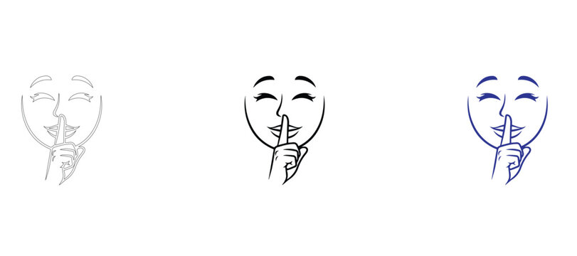  Minimalist Line Art of Face with Finger on Lips for Silence, Quiet and Secret Concept Vector Icon Set, Shh Gesture and Privacy Outline Illustration, Clean 2pt Stroke Design for Meditation