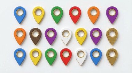 Colorful map pin markers grid, teardrop shape with circular center, vibrant palette, modern vector design, navigation icons, location symbols, perfect for apps, maps, and UI elements.