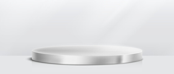 Round podium platform for product presentation. Minimal pedestal stage for display, showcase, advertising, branding. Modern design concept. Vector illustration. Realistic 3D scene mockup. Silver.