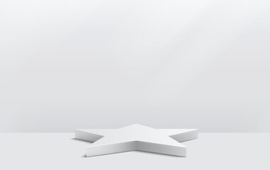 Star shape podium platform for product presentation. Minimal pedestal stage for display, showcase, advertising, branding. Modern design concept. Vector illustration. Realistic scene. White color.