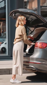 A lady is seen from the side loading her luggage into a car's trunk after shopping.