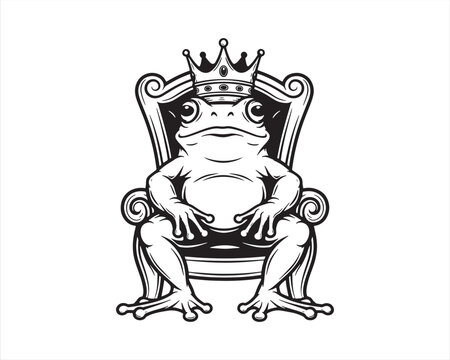 Frog King Sitting on Throne Line Art Illustration &ndash; Cartoon Royal Frog Character