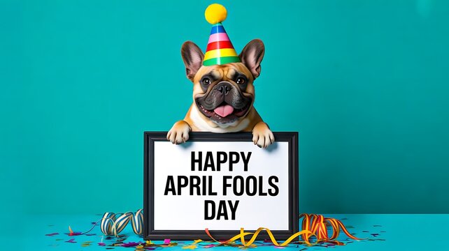 Funny dog wearing party hat holding happy april fools day sign representing prank humor celebration concept
