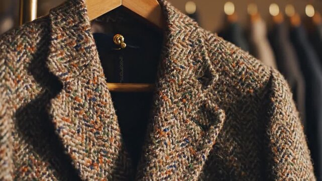 Woollen Herringbone Blazer Showcased. Classic Tweed Jacket Under Warm Boutique Lighting. Luxury Menswear Display Featuring Closeup Of Textured Tweed Blazer Against Softly Blurred Background