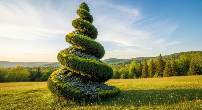 Spiral Topiary Sculpture in a Lush Green Landscape.