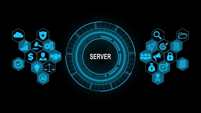 Futuristic Server Technology Interface with Digital Network Icons, Cloud Computing, Data Security, AI and Cyber Technology Concept Background
