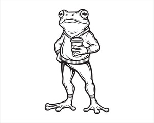 Obraz premium Cute Frog Holding Coffee Cup Line Art Illustration – Cartoon Frog Character