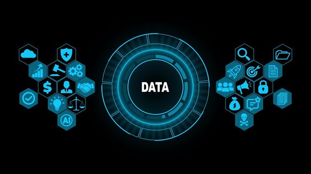 Futuristic Data Technology Interface with Digital Network Icons, Big Data Processing, Analytics and Cyber Technology Concept Background
