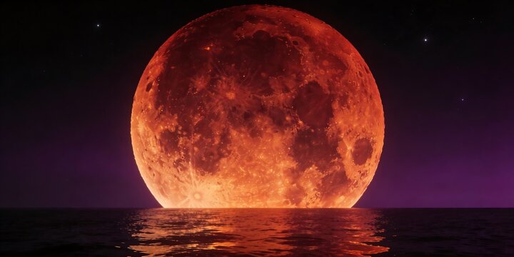 Giant red supermoon rises over the ocean horizon reflecting light for a mystical atmosphere