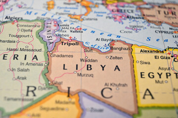 Naklejka premium Defocused World Map Background Showing Sirte Location Top View Geography and Travel Concept