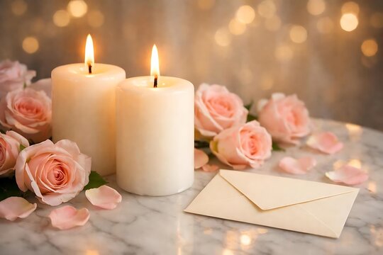 Two lit pillar candles and pink roses on a marble table for a romantic anniversary celebration.