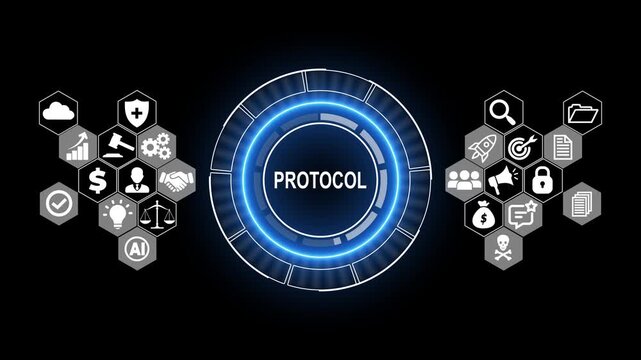 Futuristic Network Protocol Technology Interface with Digital Communication Icons, Internet System and Cyber Technology Concept Background
