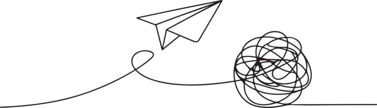 with paper plane and tangled ball. Symbol of confused mind and problems and support to untangle knot. one line art icon drawing vector