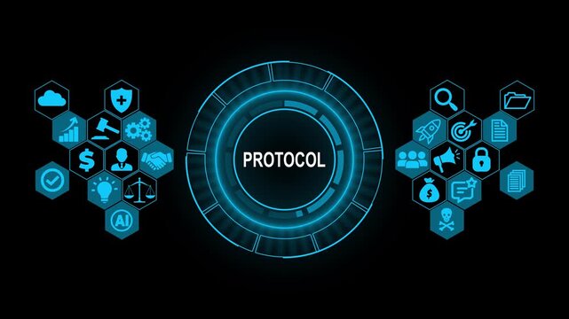 Futuristic Network Protocol Technology Interface with Digital Communication Icons, Internet System and Cyber Technology Concept Background
