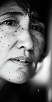 Primer plano en blanco y negro de un rostro femenino, capturando una expresi&oacute;n de melancol&iacute;a y misterio.
