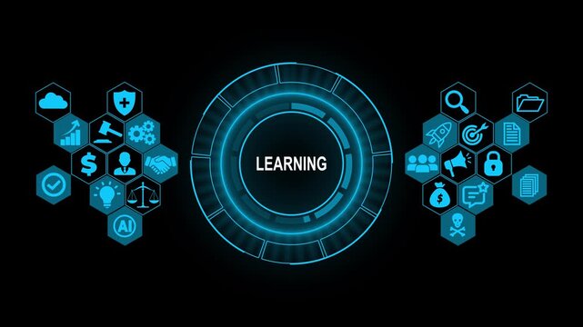 Futuristic Machine Learning Technology Interface with Digital Network Icons, Artificial Intelligence Data Processing Concept Background
