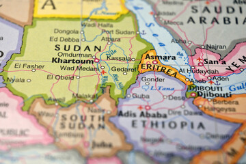 Naklejka premium Gadaref Sudan on World Map Close Up Macro Defocused Background Geographic Image