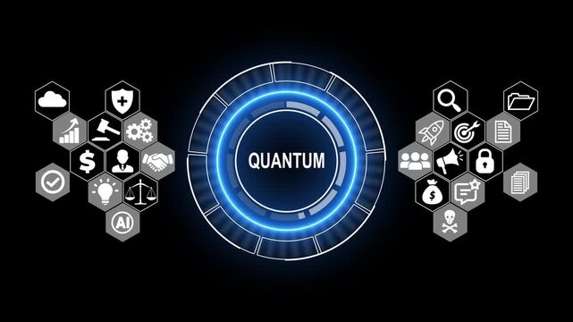 Futuristic Quantum Computing Technology Interface with Digital Network Icons, Advanced Data Processing and Innovation Concept Background
