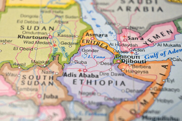 Naklejka premium Lake Tana Ethiopia on World Map Close Up Macro Defocused Background Geographic Image