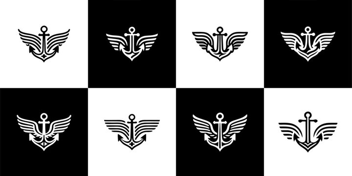 Icon Set Vector of 8 Winged Anchor Nautical Symbols and Insignias